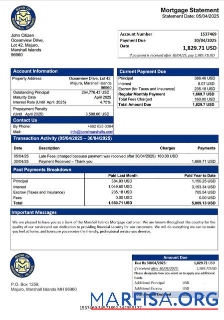 Realistic Marshall Islands Bank of the Marshall Islands mortgage statement Word and PDF template